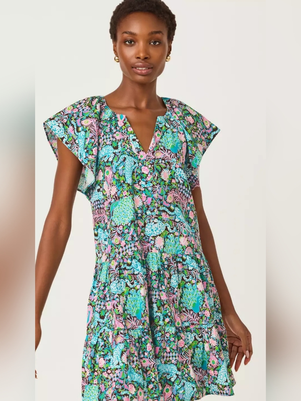 NWT Lilly Pulitzer Norella Flutter Sleeve Linen Dress Multi Royal Zoo Size Large